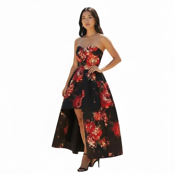 NWT Black Halo EVE Strapless Black and Roses Dress SZ 10 Womans High-Low Holiday - Picture 4 of 17